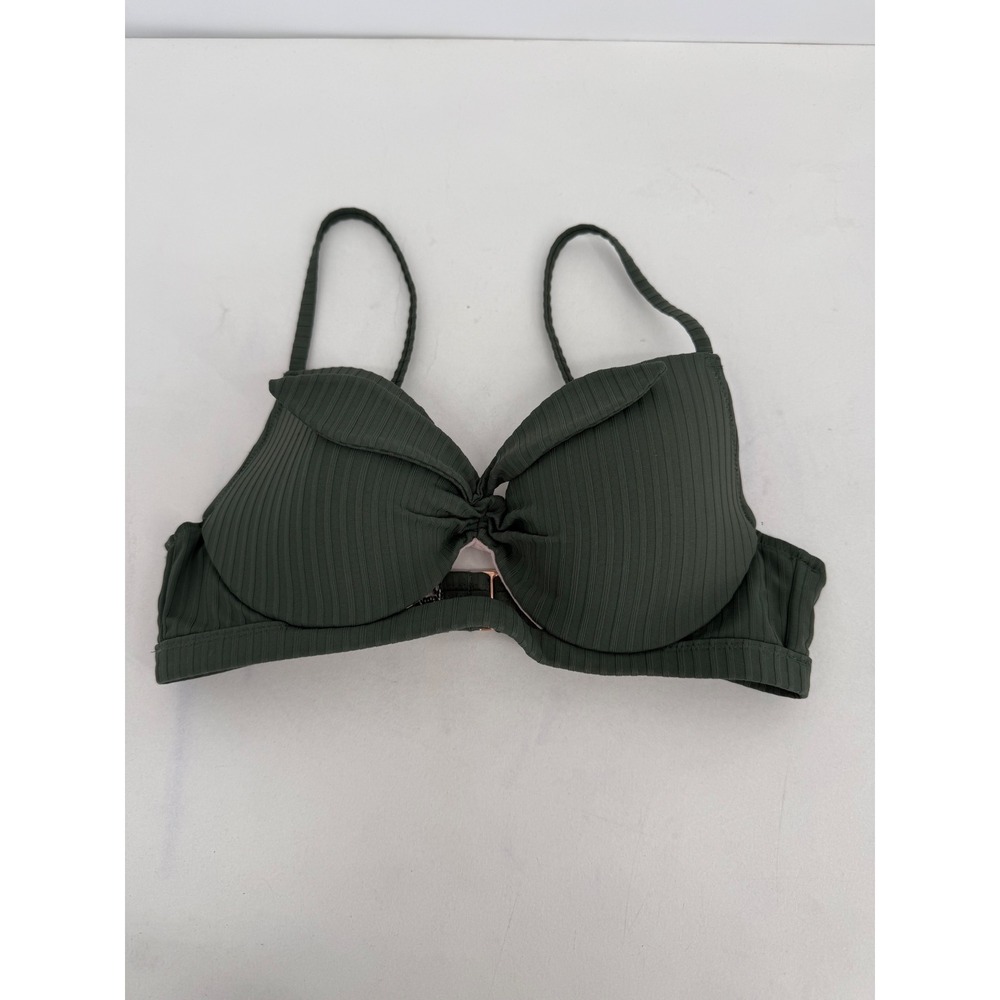 Shade & Shore Dark Green Ribbed Underwire Bikini Top Sz 34B Twisted Ruffle Front